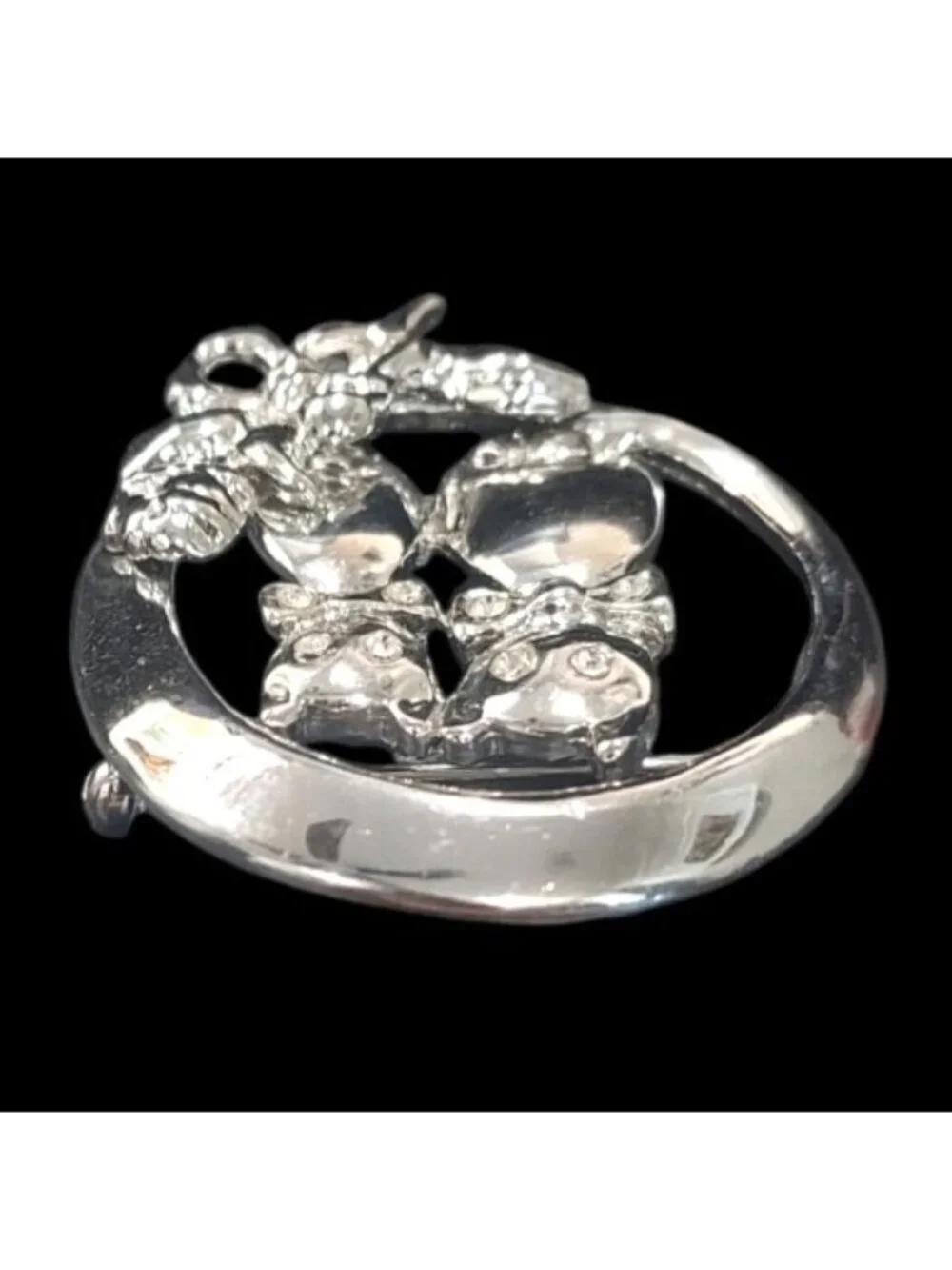 Cat Duo Brooch Pin W/ Rhinestone Bows & Rose Spray Circular Silver Tone Feline